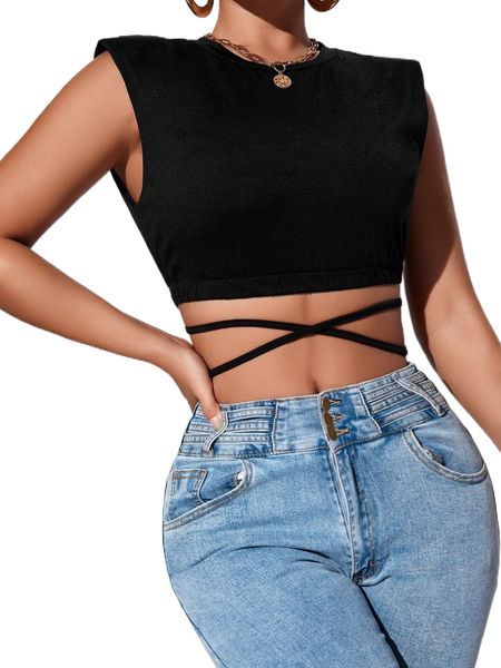 

sxy shoulder pads crisscross tie back crop tank y9bp#, White