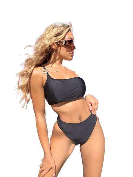 

plain one shoulder high waisted bikini swimsuit 32kl#, White;black