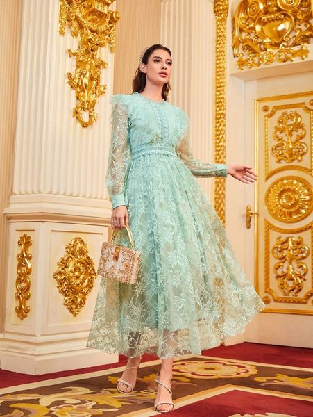 

ruffle trim solid lace dress r1hd#, Black;gray