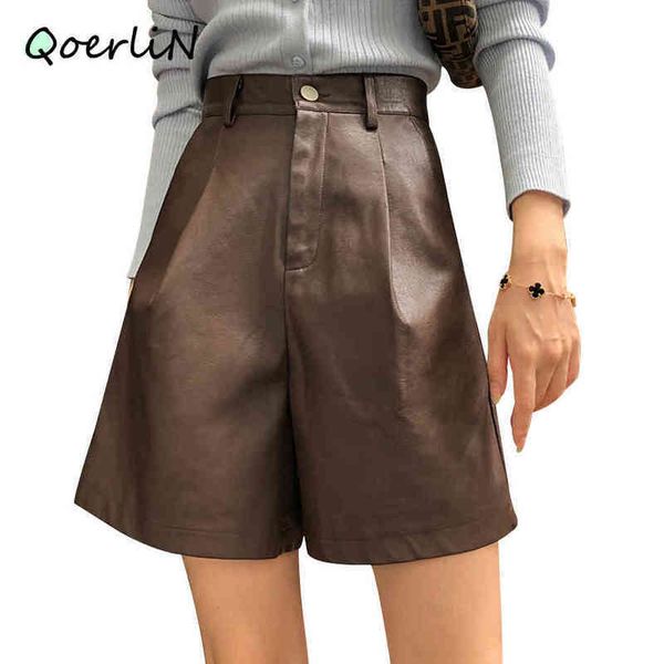 

boosty bermuda shorts imitation pu leather shorts womens autumn winter loose wide leg pu shorts black kneelength trouser 210412, White;black