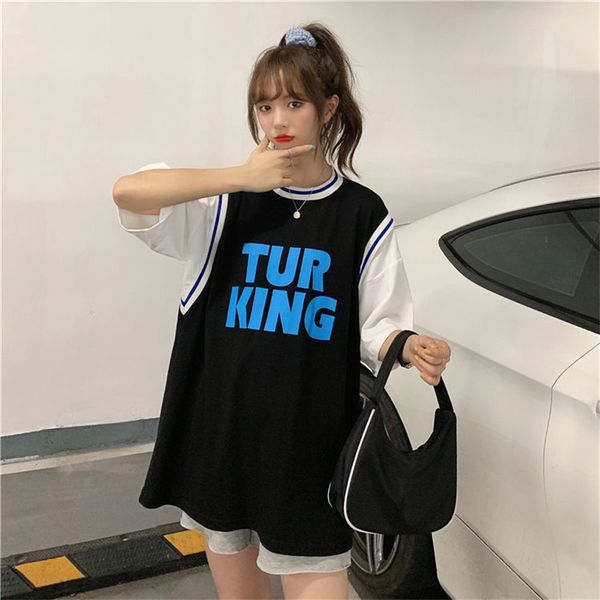 Basketbol Forması Kadınlar Gevşek Büyük Boy Harajuku Spor Tarzı Tshirt Kadın Baskılı Dijital Kawaii Kısa Twopeeved Sahte Twopiece 220615