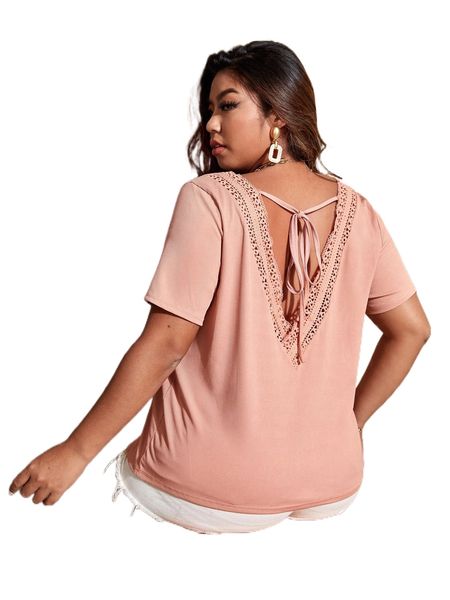 

plus solid contrast lace tie back tee q7t1#, Black