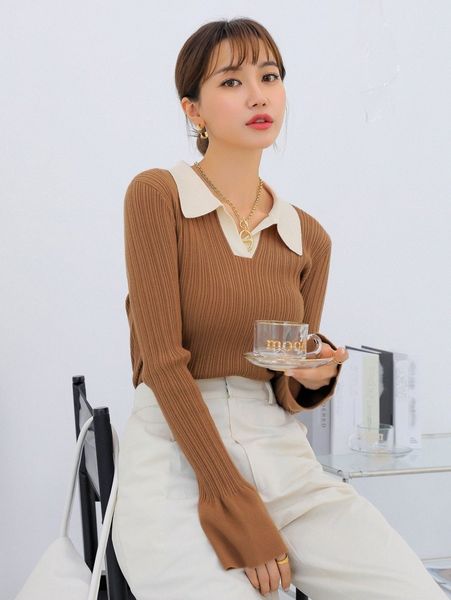 

dazy contrast collar flounce sleeve sweater e4ad#, White;black