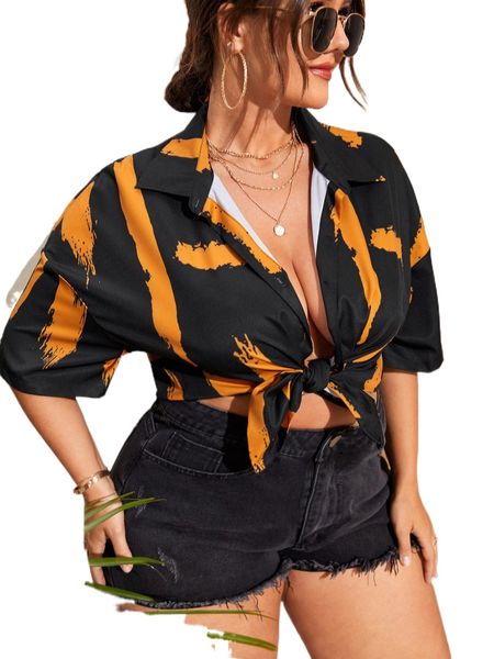 

plus brush print drop shoulder shirt y9wc#, Black