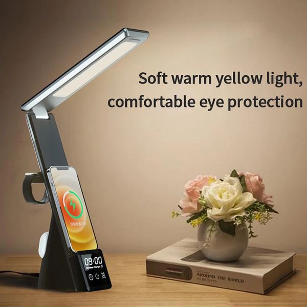 

led table lamp 15w wireless charger for apple iphone iwatch airpods fast charging station clock night light charge stand