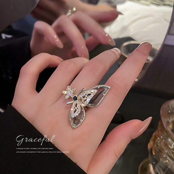 

real gold plating korean fashion new personalized diamond crystal flowers butterfly open-end adjustable ring bracelet for women, Silver