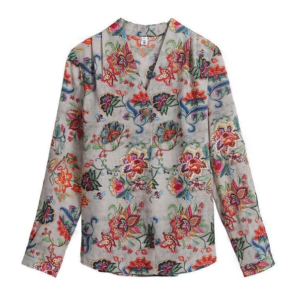 

plus size chic silk blouses floral shirts women's blouses spring summer long sleeve v-neck shirts blusas mujer 210702, White