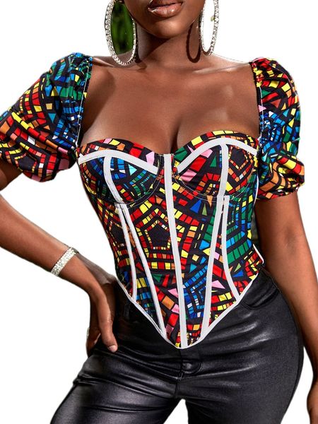 

sxy geo print asymmetric hem bustier blouse t6pp#, White