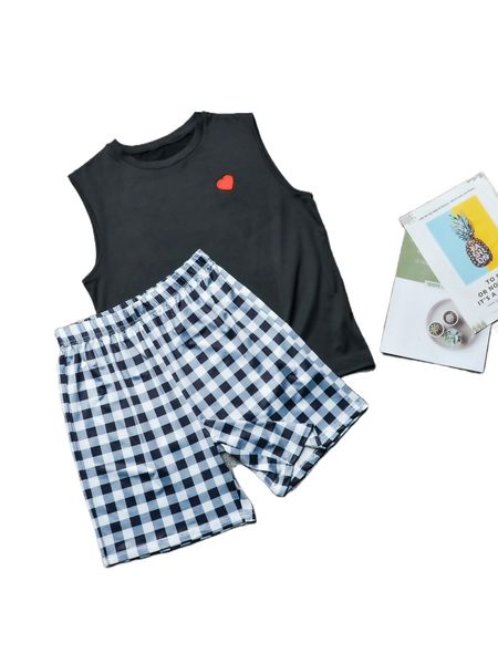 

men heart patched detail sleep tank & gingham sleep shorts b7tp#, Black;brown