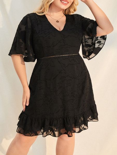 

plus eyelet lace insert ruffle hem jacquard dress t09u#, Black