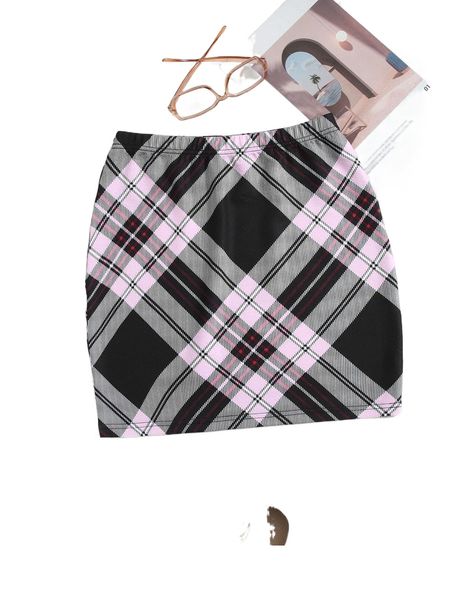 

plaid print elastic waist skirt a7gy#, Black