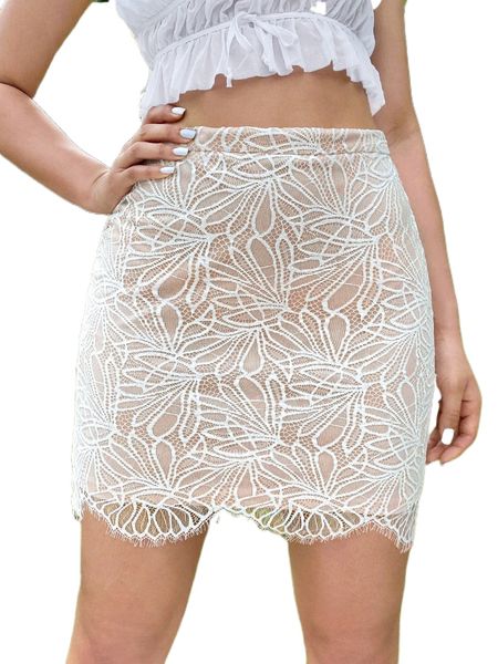 

floral pattern scallop trim lace skirt z2yi#, Black