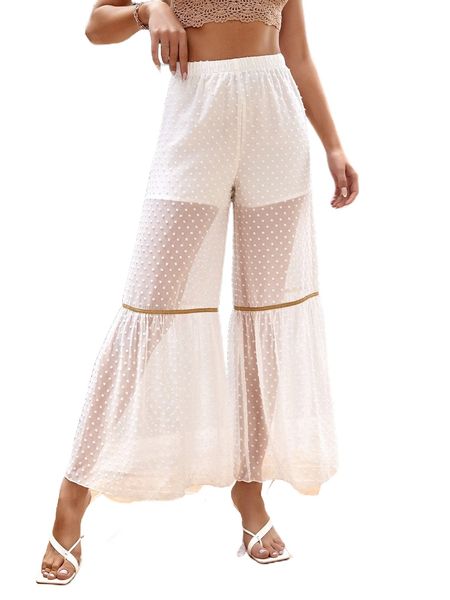 

2 in 1 swiss dot ruffle hem chiffon pants u1cn#, Black;white