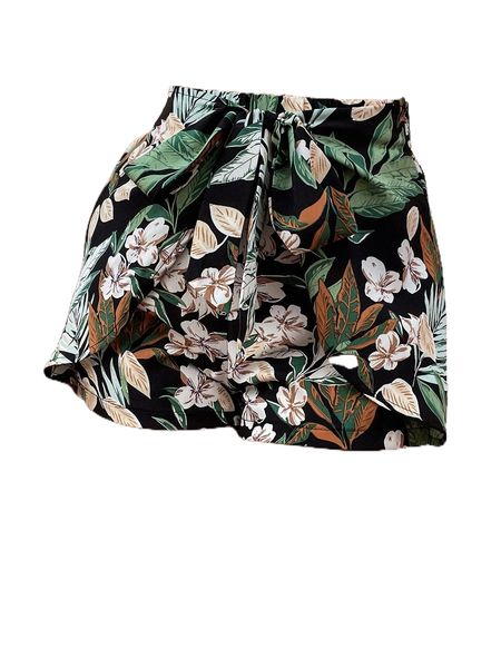 

floral print tie front shorts 35cw#, White;black