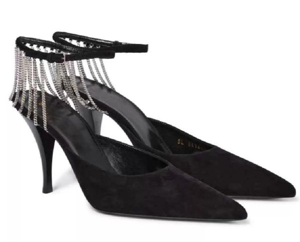 

2022 luxury women vesper sandals shoes for women slingback patent leather metal toe cap lady pumps fashion high heels comfort walking famous, Black