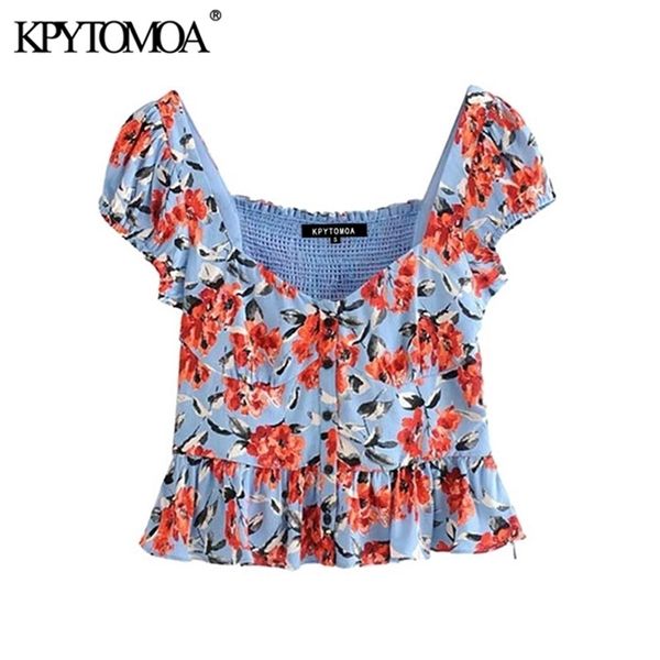 KPYTOMOA Frauen Süße Mode Blumen Druck Rüschen Blusen Vintage Zurück Elastische Seite Zipper Weibliche Shirts Blusas Chic Tops LJ200812