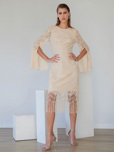 

motf premium lace fitted fringe split sleeve dress g022#, Black;gray