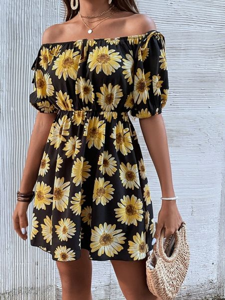 

allover floral print off shoulder cutout a-line dress g6zq#, Black;gray