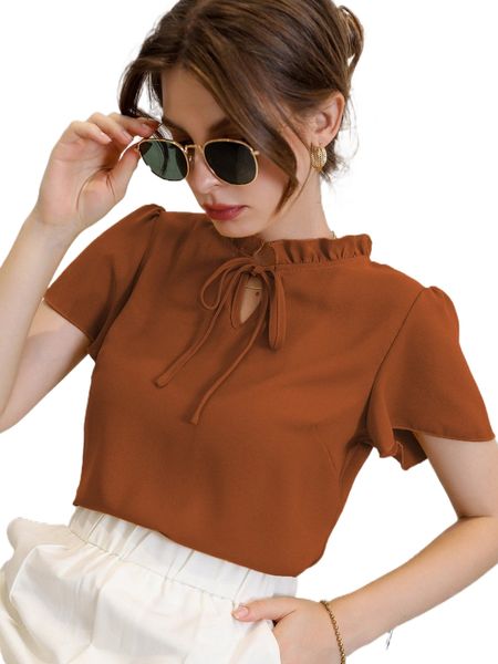 

tie neck puff sleeve blouse v1yt#, White
