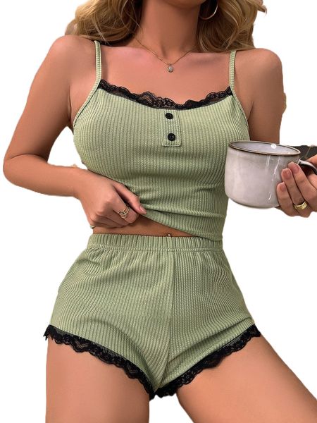 

ribbed knit contrast lace cami & shorts pj set f3un#, Black;red