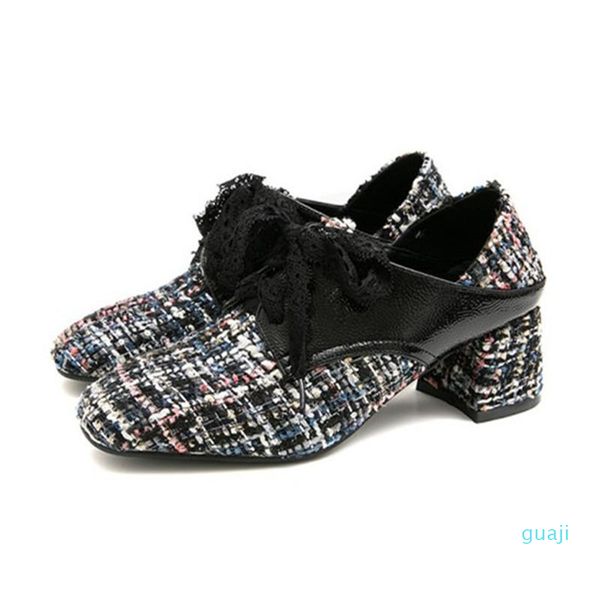

fashion dress shoes spring vintage women oxfords plaid patchwork lace up chunky med heels pumps office lady mules large size, Black