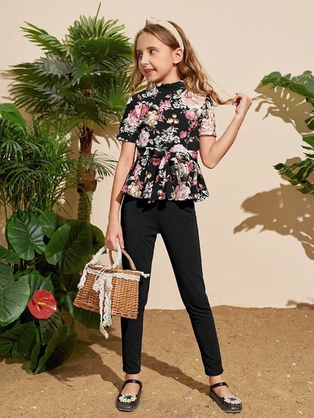 

girls floral print peplum & pants set she, White
