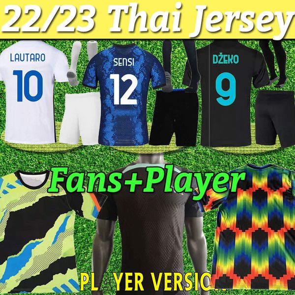 

milan lautaro soccer jersey dzeko correa vidal barella hakimi alexis football shirt 2022 2023 men kids kit uniforms player version full kit, Black;yellow