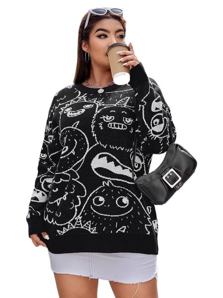 

plus cartoon graphic drop shoulder sweater w2h1#, Black
