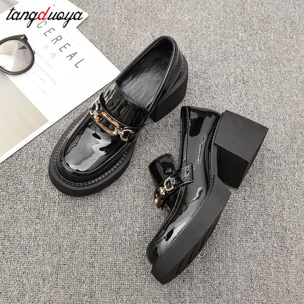 

platform shoes loafers women pumps high heels shoes belt buckle 2022 spring vintage casual round toe ladies mary janes shoes, Black;white
