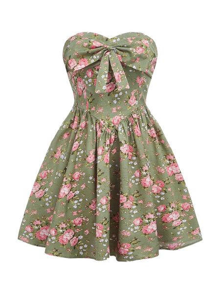 

mod floral print bow front shirred back tube dress q7qt#, Black;gray