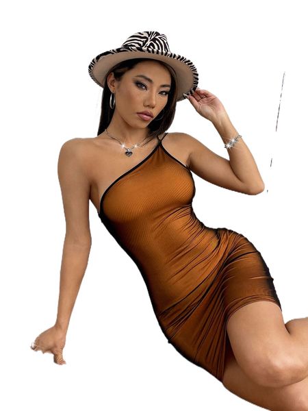 

one shoulder contrast binding tie backless mesh bodycon dress i5b7#, Black;gray