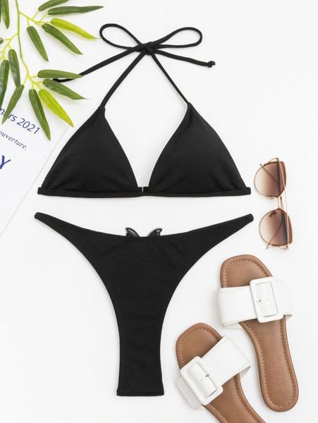 

butterfly appliques halter triangle bikini swimsuit g46x#, White;black