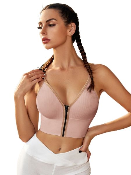 

medium support seamless contrast binding sports bra r38y#, Gray