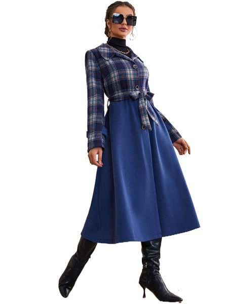 

plaid print belted coat 14sl#, Black