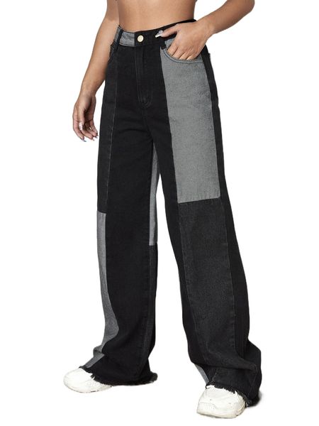 

high waist cut-and-sew jeans f1qz#, Blue