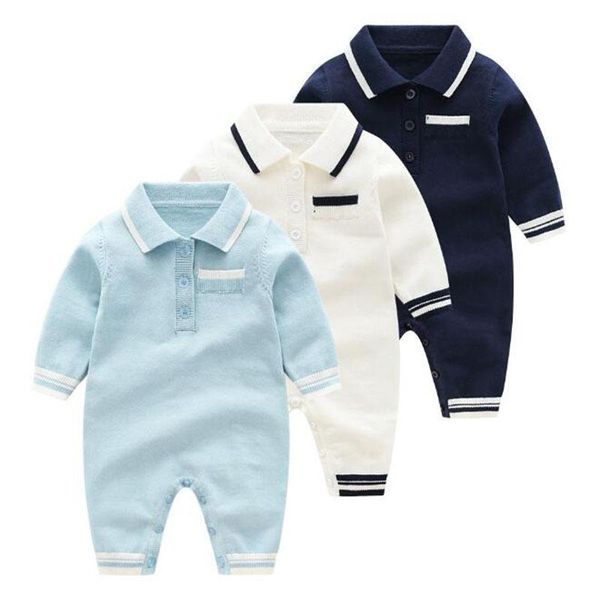 Overalls drehen-unten Kragen Infant Baby Junge Strampler Frühling Herbst Langarm Reine Farbe Geboren Stricken ClothesJumpsuits