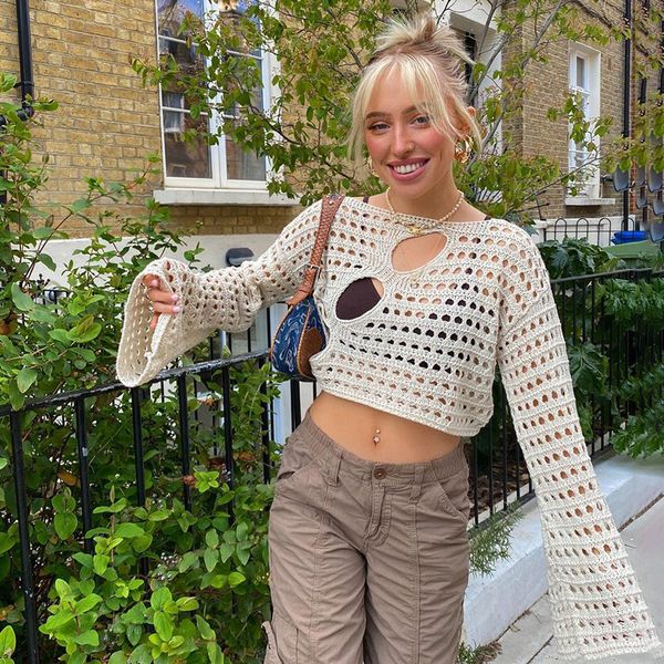 

women's sweaters hallow out knit detail women sheer o neck loose cropped black white s-l, White;black