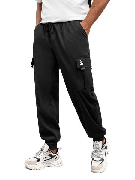 

extended sizes men geo print flap pocket pants n7hc#, Black