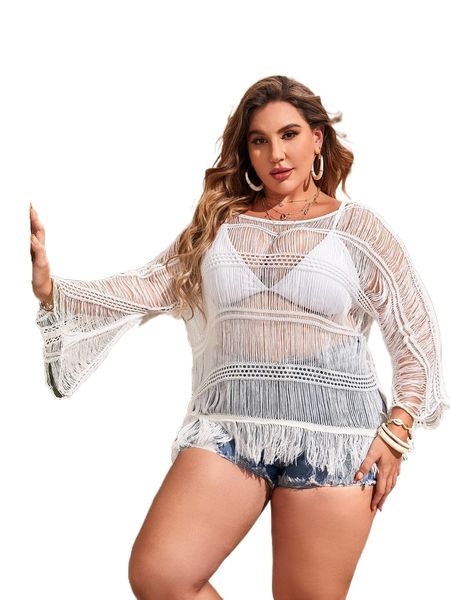 

plus open stitch batwing sleeve fringe hem cover up without bikini 92vu#, Black