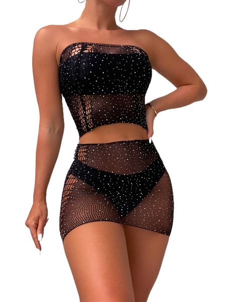 

rhinestone studded hollow out cover up set i4pb#, White;black