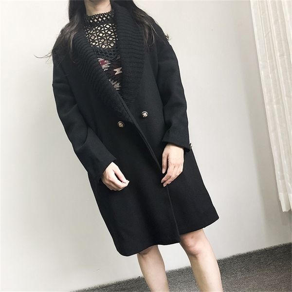 

fashion streetwear long winter fashion wool coats double breasted wool blend coat and jacket turn-down collar coat femenino 201222, Black