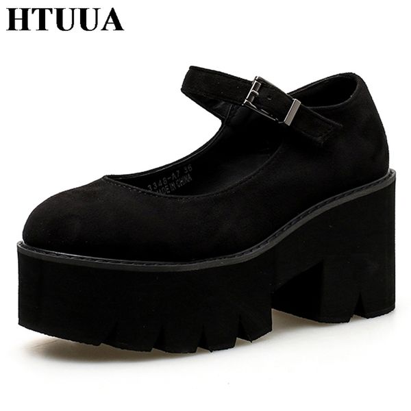 

htuua new autumn thick platform shoes women pumps high heels buckle casual shoes black round toe shoes sx1528 cj191217