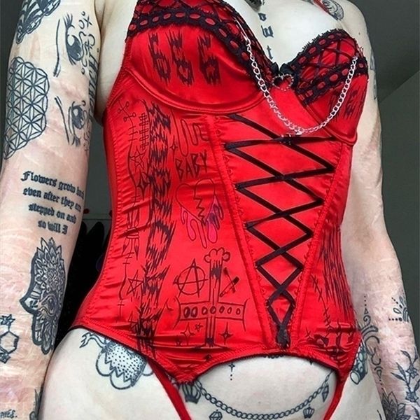 Catena Donne Emo Cyber Y2K Corset Grunge Camis Red Lace su Alt Crop Tops Punk in stile Punk Camisole Lettere sexy Stampa Bustier Goth 220318