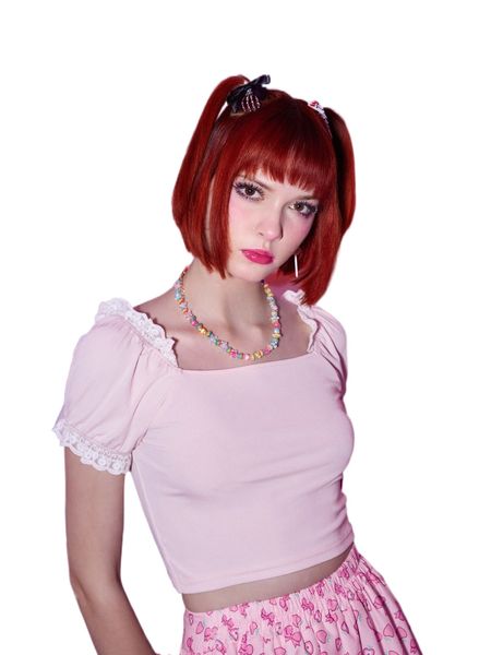 

romwe anime contrast lace puff sleeve crop tee e979#, White