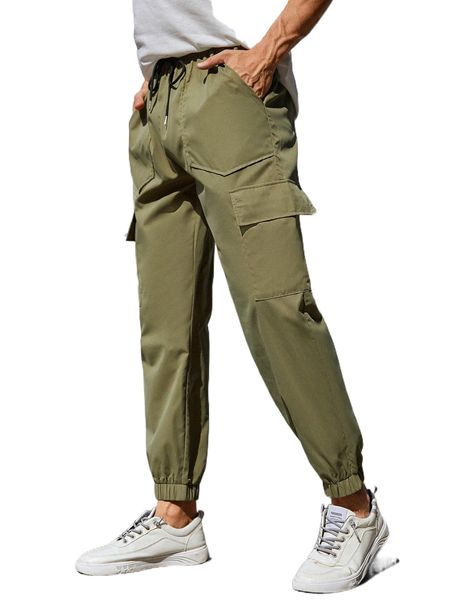 

men flap pocket side drawstring waist cargo pants q0fd#, Black