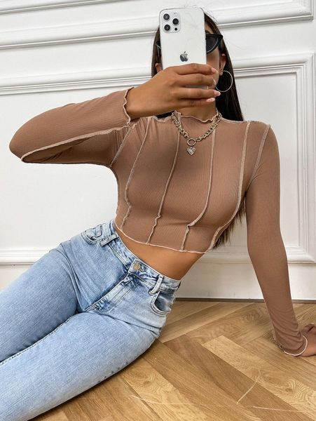 

stitching mock neck crop tee v45n#, White