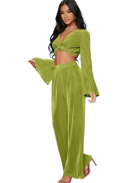 

twist front trumpet sleeve & wide leg pants d80r#, White