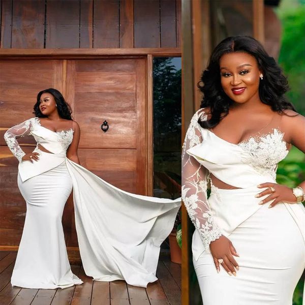 

plus size white lace mermaid wedding dress with illusion long sleeve one shoulder soft satin wedding gown bride dresses for black woman