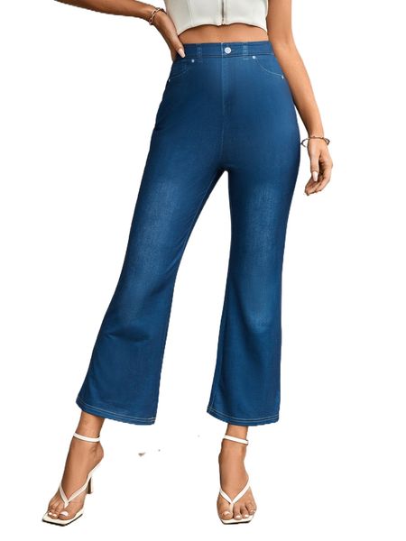 

high waist denim-look flare leg pants w7ss#, Black;white