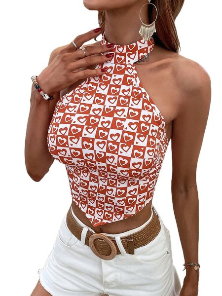 

heart & checker print tie back halter e0eh#, White